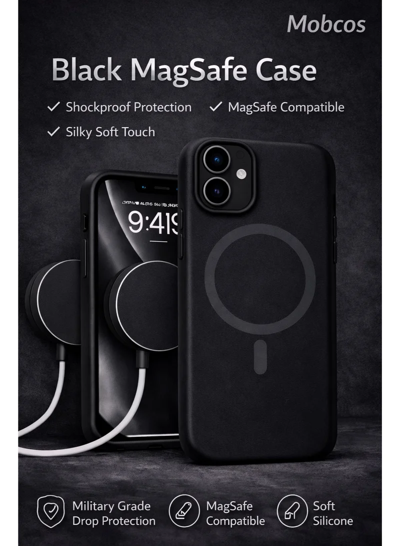 موبكوس جراب Mobcos iPhone 17 أسود فاخر من السيليكون مع حلقة مغناطيسية وشحن لاسلكي | ملمس ناعم كالحرير | حماية مقاومة للصدمات بمعايير عسكرية | توافق مغناطيسي قوي | غطاء أنيق ونحيف